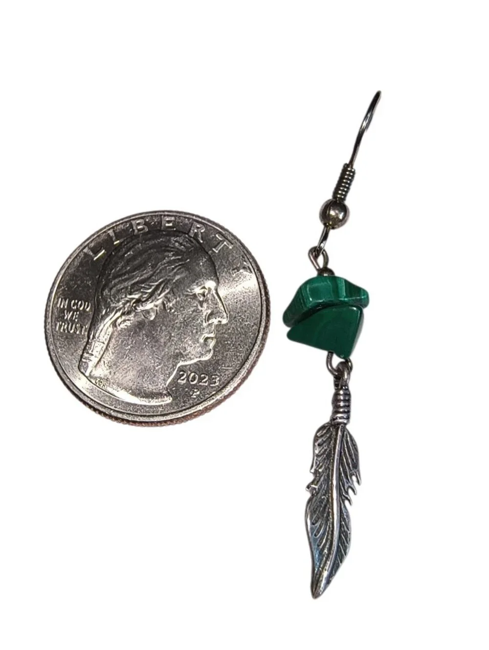 Green Malachite And Sterling Silver Feather Dangle Artisan Earrings